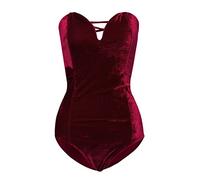 Choies Women's Burgundy/Black Sexy Plunge Neck Strapless Cross Back Velvet Bodysuit
