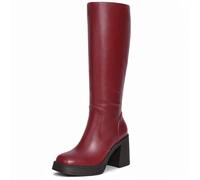 Choiran Black Knee High Boots for Women - Platform Tall Boots Square Toe Chunky Block Heeled Gogo Boots, Red, 7.5 UK