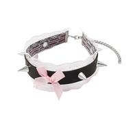 Choker Necklace with Bow Accent and Cone-Shaped Studs | Layered Lace Trim, Centered Front Accent, Cone-Shaped, Close-Fitting Decorative Neckwear with a Wide