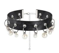 Choker Necklaces for Women - Black Collar Choker Necklace with Pearls Soft Leather Eyelet Choker Adjustable Punk Goth Emo Necklace for Cocktail Evening Club Bar Party, 12.0", Alloy Steel, No Gemstone