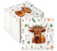 Cholemy 100 Pcs Highland Cow Guest Napkins Disposable Western Cow Print Napkin 2 Ply Rustic Paper Hand Towel Watercolor Farmhouse Birthday Party Decorations for Western Baby Shower Dinner Bathroom
