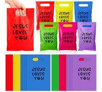 Cholemy 100 Pcs Jesus Loves You Gift Goody Bags Plastic Colorful Religious Christian Church Scripture God Bless Bible Cross Treat Candy Snack Bags for First Communion Party Favor, 11.81''x7.87''