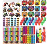 Cholemy 144 Pcs Monster Truck Party Favors Truck Party Supplies School Stationery Set Notebook Sticker Stamper Eraser Ruler Pencil Bag for Birthday Baby Shower Gifts Classroom Prize(Colorful,Monster)