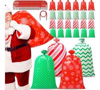 Cholemy 24 Pcs 56" Extra Large Christmas Gift Bags Jumbo Xmas Plastic Drawstring Snowflake Present Bags with Ribbon Cords for Christmas Decoration, Engagement Parties (Red and Green Lines)