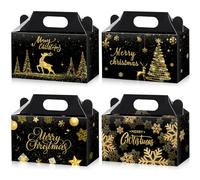 Cholemy 24 Pcs Christmas Candy Boxes Paper Gift Boxes Black and Gold Christmas Treat Goodie Boxes Small Merry Christmas Boxes with Handle for Gift Giving Holiday Xmas Theme Party Favors Supplies