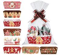 Cholemy 72 Pcs Christmas Gift Baskets Empty to Fill Kit DIY Basket for Gifts Empty Bulk 24 Tray Favor with Handles 24 Bows 24 Clear Basket Bags for Xmas Holiday Birthday (Stylish Style)