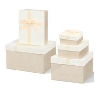 Cholemy Champagne Valentine Velvet 5 Pcs Square Gift Boxes with Lid and Ribbon Assorted Size Nesting Decorative Box Wrap for Present Wedding Graduation Birthday Anniversary Party Favor