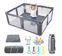 CHOLY 180 * 150 cm Foldable Baby Playpen with Mat, Playpen for Babies and Toddlers, Portable Play Yard with Ocean Balls and 4 Handlers, Quick Setup Infant Fence with Travel Bag