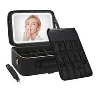 Chomeiu Makeup Bag with LED Mirror, Large Travel Cosmetic Train Case for Women, Makeup Artists Large Organizer Box with Vanity Light Up Mirror, 3 Color Lights, Adjustable Dividers (Black)