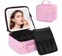 Chomeiu Makeup Bag with LED Mirror Makeup Case Travel Portable 3 Colors Lights, Geometric Pink, Standard, Travel Makeup Bag for Women
