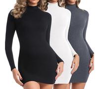 Chongbaijia 3 Pack Women's Long Sleeve Dress Mock Turtleneck Slim Fit Mini Dresses Fall Winter Fashion Clothes 2025, Black/White/Gray1, M