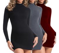 Chongbaijia 3 Pack Women's Long Sleeve Dress Mock Turtleneck Slim Fit Mini Dresses Fall Winter Fashion Clothes 2025, Black/Gray/Red, M