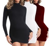 Chongbaijia 3 Pack Women's Long Sleeve Dress Mock Turtleneck Slim Fit Mini Dresses Fall Winter Fashion Clothes 2025, Black/White/Red1, L