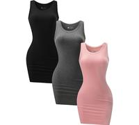 ChongBaiJia 3 Piece Womens Ribbed Scoop Neck Sleeveless Tank Dresses Basic Bodycon Mini Dress, Black/Gray/Pink1, M