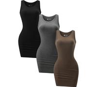ChongBaiJia 3 Piece Womens Ribbed Scoop Neck Sleeveless Tank Dresses Basic Bodycon Mini Dress, Black/Gray/Coffee1, S