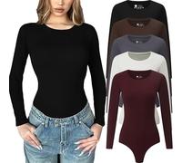 Chongbaijia 5 Pack Long Sleeve Bodysuit for Women Crew Neck Casual Stretchy Basic T Shirt Body Suits Tops, 5 Piece：black/White/Coffee/Red/Grey, Medium