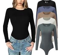 Chongbaijia 5 Pack Long Sleeve Bodysuit for Women Crew Neck Casual Stretchy Basic T Shirt Body Suits Tops, 5 Piece：black/White/Khaki/Blue/Green, Small