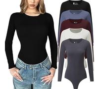 Chongbaijia 5 Pack Long Sleeve Bodysuits for Women Crew Neck Casual Stretchy Basic T Shirt Body Suits Tops, 5 Piece：black/White/Blue/Red/Grey, Large