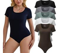 Chongbaijia 5 Pack Short Sleeve Bodysuits for Women Square Neck Casual Stretchy Basic Body Suits Tops T Shirts, 5 Piece：black/White/Coffee/Green/Grey, Small