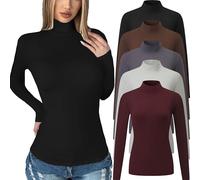 Chongbaijia 5 Pack Womens Long Sleeve Tops Mock Turtleneck Basic T Shirt Fall Stretch Tight Fitted Thermal Shirts, 5 Piece：black/White/Coffee/Red/Grey, S