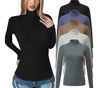 Chongbaijia 5 Pack Womens Long Sleeve Tops Mock Turtleneck Basic T Shirt Fall Stretch Tight Fitted Thermal Shirts, 5 Piece：black/White/Khaki/Blue/Green, M