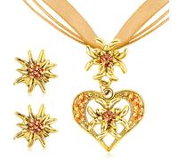 CHONGQILAO Oktoberfest Costume Jewellery Women's Set, Bavarian Dirndl Jewellery Costume Necklace with Rhinestones, Edelweiss Heart Pendant and Edelweiss Stud Earrings for Women, Beer Festival Costume