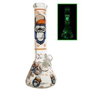 Chongz 33cm Glass Bong Glow In Dark Monkeee Maan, 7mm Thick with Ice Pinch (Orange)