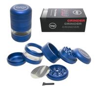 Chongz 55mm 7 Part POD Manual Spice Grinder Mill Premium Aluminum Crusher with Curved Design, See-Through Window, 2 Easy Change Grinding Screens, Choice of Two Grades of Grinding Surface (Blue)