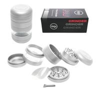 Chongz 55mm 7 Part POD Manual Spice Grinder Mill Premium Aluminum Crusher with Curved Design, See-Through Window, 2 Easy Change Grinding Screens, Choice of Two Grades of Grinding Surface (Silver)