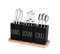 CHONIC Farmhouse Silverware Holder, Rustic Wood Silverware Caddy with Tray, Spoon Fork Knives Flatware Dispenser, Utensil Countertop Organizer, Plastic Cutlery Holder for Kitchen Party (Black)