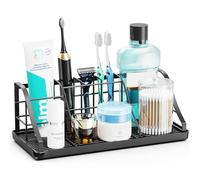 CHONLY 7 Slots Toothbrush Holder, Stainless Steel Toothbrush and Toothpaste Holder, Black Electric Toothbrush Holder, Detachable Drain Tray Bathroom Storage, Bathroom Organiser for Family
