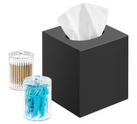 CHONLY Black Tissue Box Cover with 2 Qtip Holder Dispenser, Acrylic Box of Tissues, Square Tissue Holder for Bathroom, Napkin Holder for Kitchen, Tissue Box Covers Cube for Office, Dresser, Desk