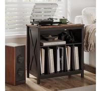 ChooChoo Large Record Player Stand with Charging Station & LED Light | Vinyl Record Storage Hold Up to 300 Albums, Farmhouse End Table for Bedroom, Living Room, Black