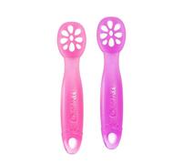 ChooMee Baby Spoons, FlexiDip| Baby Led Weaning | Dip and Catch Purees | Pediatrician Approved Stage One Learning Utensil, 100% Silicone Chew Friendly Material, BPA Free | 2 CT | Pink Purple
