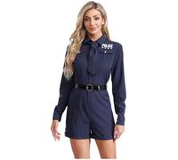 Choomomo Adult Sexy Police Officer Costume for Women Long Sleeve Cop Jumpsuit with Tie and Belt Set Navy Blue XXL