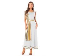 Choomomo Adult Women Roman Empress Costume Sleeveless Square Neck Shiny Toga Dress for Halloween Carnival White Gold XL