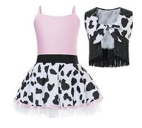 Choomomo Girls Halloween Costume Cowgirl Dress Cami Straps Cow Print Tutu Skirted Leotard with Tassels Vest White&Black 15-16 Years