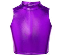 Choomomo Kids Girls Shiny Metallic Mock-Neck Crop Tank Top Gymnastics Sports Vest Ballet Dance Tops Purple 13-14 Years