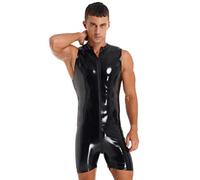Choomomo Men Wet Look PVC Leather Bodysuit Catsuit Short Sleeve Zipper Front Jumpsuit Romper Clubwear 2# Black XL