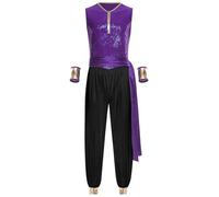 Choomomo Mens Arab Prince Cosplay Romper Satiny Loose Pants Sequin Bodice for Themed Events Purple Black XXL