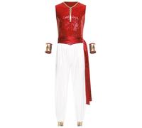 Choomomo Mens Arab Prince Cosplay Romper Satiny Loose Pants Sequin Bodice for Themed Events Red L