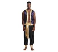 Choomomo Mens Arabian Prince Costume Metallic Shiny Trim Open Front Glitter Vest with Belted Long Pants Purple&Black XXL
