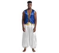 Choomomo Mens Halloween Arabian Prince Costume Outfit Satin Waistcoat And Harem Pants Loose Bloomers Set Royal Blue&White XXL