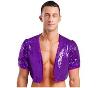 Choomomo Men's Sequin Jacket Casual Short Sleeve Open Front Shiny Glitter Sparkly Bomber Jackets Purple L