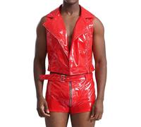 Choomomo Men's Shiny Clubwear Sleeveless Tank Top and Boxer Shorts with Belt for Party Dance Outfit Red L
