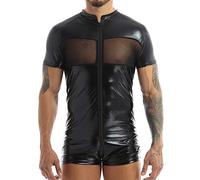 Choomomo Men's Wet Look Patent Leather Front Zipper One-Piece Bodysuit Leotard Catsuit Jumpsuit Black XL