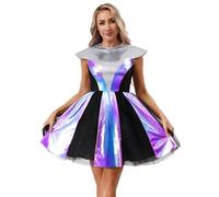 Choomomo Shiny Metallic Alien Costume Dress for Women Space Themed Party Halloween Cosplay Rave Outfits Silver S