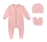 Choomomo Unisex Newborn Clothes Baby Boys Girls Plain Footies with Hat and Mittens Layette Set Pink 0-3 Months