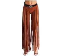 Choomomo Women Latin Dance Pants Fringe Ballroom Pants with Long Tassels and Belt Tango Salsa Pants Brown L