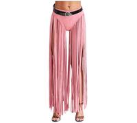 Choomomo Women Latin Dance Pants Fringe Ballroom Pants with Long Tassels and Belt Tango Salsa Pants Pink 3XL